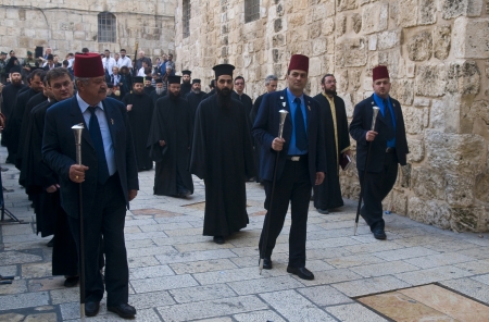 JERUSALEM - APRIL 08 : The Greek Orthodox Patriarch of Jerusalem Theophilos III , takes part in the...