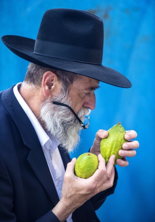JERUSALEM - SEP 28 : An ultra-orthodox Jewish man inspects an Etrog in the Four spesies market in...