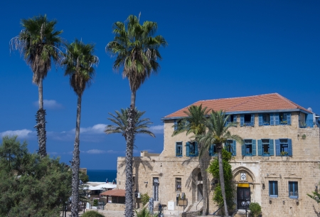 A house and palm trees in historic Jaffa , Israelのeditorial素材