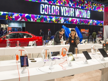 LAS VEGAS - JANUARY 11 : Booth of Stereo headphones at the CES show held in Las Vegas on January 11 2013 , CES is the world's leading consumer-electronics show and companies from all over the world come to show their latest technologies and products. のeditorial素材