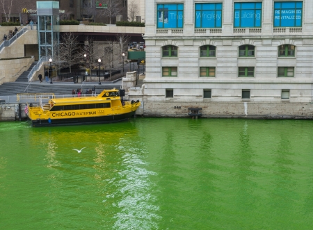 CHICAGO - MARCH 16: The Chicago River is dyed green for St. Patrick's Day in Chicago on March 16, 2013のeditorial素材