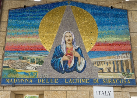 NAZARETH - OCT 15 : Italian mosaic in the Basilica of the Annunciation in Nazareth Israel on October 15 2012 ,is a gift from Italian Catholics to the church, alongside other different nations.のeditorial素材