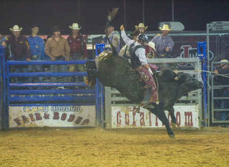 LOGANDALE , NEVADA - APRIL 10 : Cowboy Participating in a Bull riding Competition at the Clark County Fair and Rodeo a Professional Rodeo held in Logandale Nevada , USA on April 10 2014 のeditorial素材