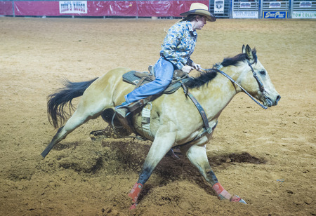 LOGANDALE , NEVADA - APRIL 10 : Cowgirl Participating in a Barrel racing competition in the Clark County Fair and Rodeo a Professional Rodeo held in Logandale Nevada , USA on April 10 2014のeditorial素材