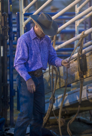 LAS VEGAS - MAY 16 : Cowboy preparing for the Helldorado days Rodeo , A professional rodeo held in Las Vegas, Nevada on May 16 , 2014 のeditorial素材