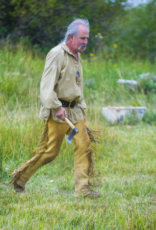 FORT BRIDGER , WYOMING - AUG 30 : Unidentified participant in the Fort Bridger Rendezvous held in...