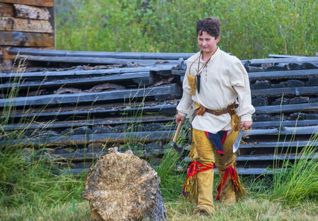 FORT BRIDGER , WYOMING - AUG 30 : Unidentified participant in the Fort Bridger Rendezvous held in...