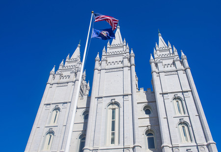 SALT LAKE CITY , UTAH - AUG 31 : The Mormons Temple in Salt Lake City , Utah on August 31 2014. The Salt Lake Temple is the centerpiece of the 10-acre Temple Square in Downtown Salt Lake City.のeditorial素材