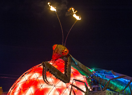 LAS VEGAS - OCT 31 : The Giant Praying Mantis Sculpture in front of Container park in Downtown Las Vegas on October 31 2014. The three story Container Park is made from shipping containersのeditorial素材