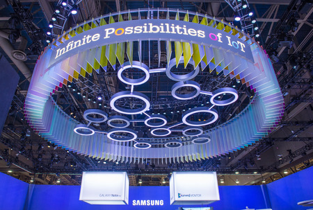 LAS VEGAS - JAN 09 : The Samsung booth at the CES show held in Las Vegas on January 09 2015 , CES is...