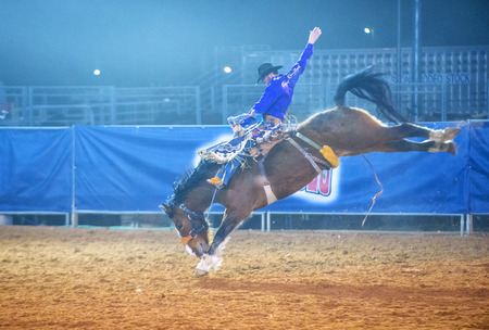 LOGANDALE , NEVADA - APRIL 10 : Cowboy Participating in a Bucking Horse Competition at the Clark County Fair and Rodeo a Professional Rodeo held in Logandale Nevada , USA on April 10 2015のeditorial素材