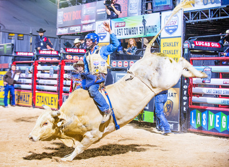 LAS VEGAS - MAY 23 : Cowboy Participating in a Bull riding Competition at the Las Cowboy Standing , a PBR cometition with the fifty of the top bull riders in the world held in Las Vegas on May 23 , 2015のeditorial素材