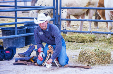 LAS VEGAS - MAY 16 : Cowboy preparing for the Helldorado days Rodeo , A professional rodeo held in Las Vegas, Nevada on May 16 , 2015のeditorial素材
