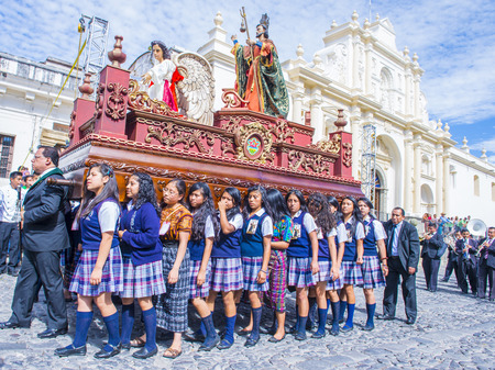 ANTIGUA , GUATEMALA - JULY 25 : The Patron Saint of Antigua annual procession in Antigua Guatemala on July 25 2015. Every year Antiguaâs turn to honor its own Patron Saint James.のeditorial素材