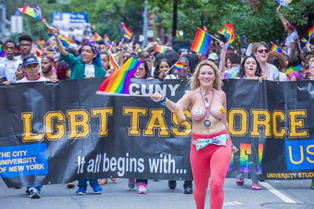 NEW YORK -  JUNE 28 : Participants march in the Gay Pride Parade on June 28, 2015 in New York City The parade is held two days after the U.S. Supreme Court's decision allowing gay marriage in the U.S.のeditorial素材