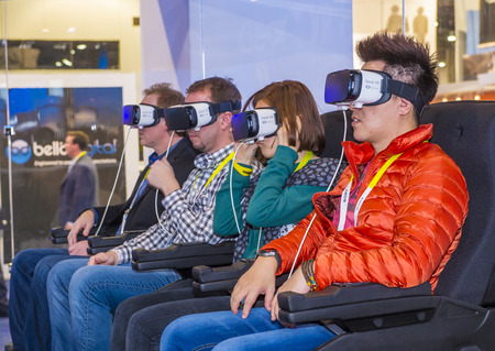 LAS VEGAS - JAN 08 : Virtual reality demonstration at The Samsung booth at the CES show held in Las Vegas on January 08 2016 , CES is the world's leading consumer-electronics show.のeditorial素材