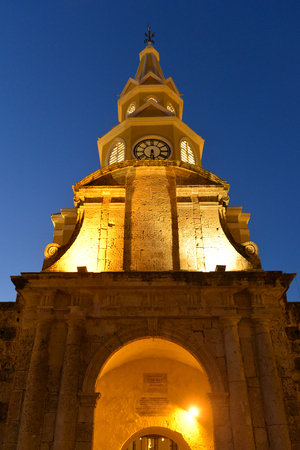 CARTAGENA , COLOMBIA - FEB 04 : The Clock tower in the entrance to the old town of Cartagena Colombia on Februery 04 2016. The historic port city Cartagena is UNESCO World Heritage Site since 1984.のeditorial素材