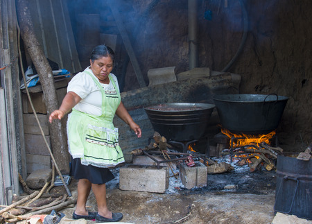 PANCHIMALCO , EL SALVADOR - MAY 08 : A Salvadoran woman cooks during the Flower & Palm Festival in Panchimalco, El Salvador on May 08 2016のeditorial素材