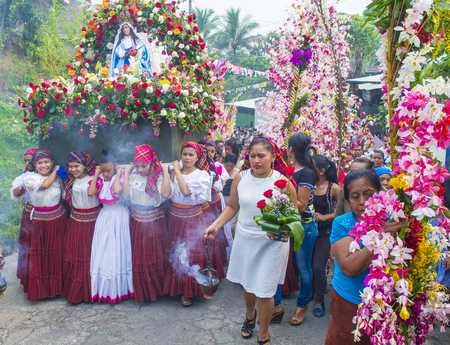 PANCHIMALCO , EL SALVADOR - MAY 08 : Salvadorian people participate in the procession of the Flower...