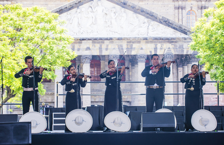 GUADALAJARA , MEXICO - AUG 28 : Mariachis perform on stage at the 23rd International Mariachi & Charros festival in Guadalajara Mexico on August 28 , 2016.のeditorial素材