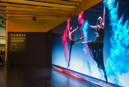 LAS VEGAS - JAN 08 : Video wall at the Sony booth at the CES show held in Las Vegas on January 08 2017 , CES is the world's leading consumer-electronics show.のeditorial素材
