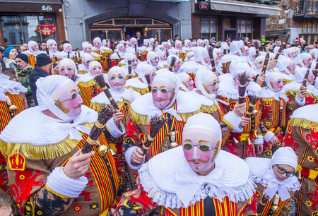 BINCHE , BELGIUM - FEB 26 : Participants in the Binche Carnival in Binche, Belgium on February 26 2017. The Binche carnival is included in a list of intangible heritage by UNESCO.のeditorial素材