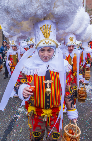 BINCHE , BELGIUM - FEB 28 : Participants in the Binche Carnival in Binche, Belgium on February 28 2017. The Binche carnival is included in a list of intangible heritage by UNESCO.のeditorial素材
