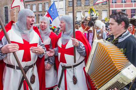 BINCHE , BELGIUM - FEB 26 : Participants in the Binche Carnival in Binche, Belgium on February 26 2017. The Binche carnival is included in a list of intangible heritage by UNESCO.のeditorial素材