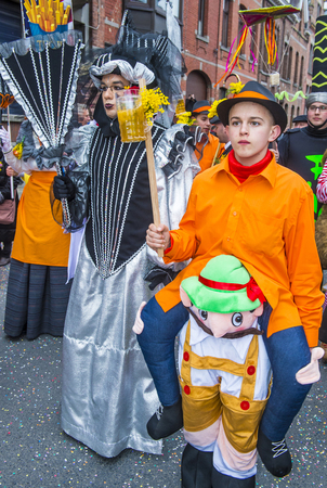 BINCHE , BELGIUM - FEB 26 : Participants in the Binche Carnival in Binche, Belgium on February 26 2017. The Binche carnival is included in a list of intangible heritage by UNESCO.のeditorial素材