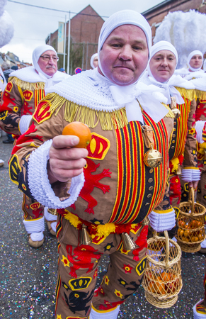 BINCHE , BELGIUM - FEB 28 : Participants in the Binche Carnival in Binche, Belgium on February 28 2017. The Binche carnival is included in a list of intangible heritage by UNESCO.のeditorial素材