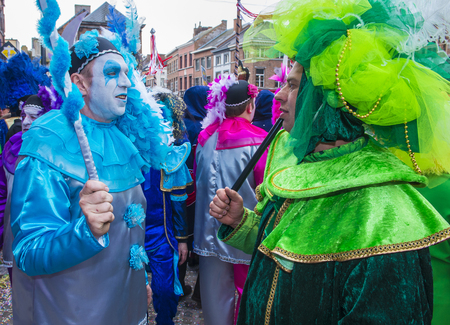 BINCHE , BELGIUM - FEB 26 : Participants in the Binche Carnival in Binche, Belgium on February 26 2017. The Binche carnival is included in a list of intangible heritageのeditorial素材
