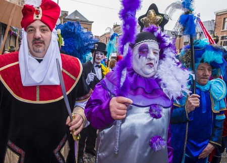 BINCHE , BELGIUM - FEB 26 : Participants in the Binche Carnival in Binche, Belgium on February 26 2017. The Binche carnival is included in a list of intangible heritageのeditorial素材