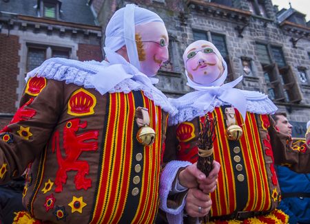 BINCHE , BELGIUM - FEB 26 : Participants in the Binche Carnival in Binche, Belgium on February 26 2017. The Binche carnival is included in a list of intangible heritageのeditorial素材