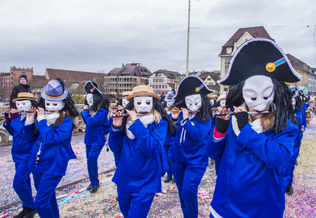 BASEL , SWITZERLAND - MARCH 08 : Participants in the Basel Carnival in Basel , Switzerland on March 08 2017. The Basel carnival has been listed as one of the top local festivities in Europeのeditorial素材