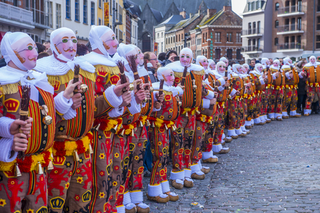 BINCHE , BELGIUM - FEB 26 : Participants in the Binche Carnival in Binche, Belgium on February 26 2017. The Binche carnival is included in a list of intangible heritage by UNESCO.のeditorial素材