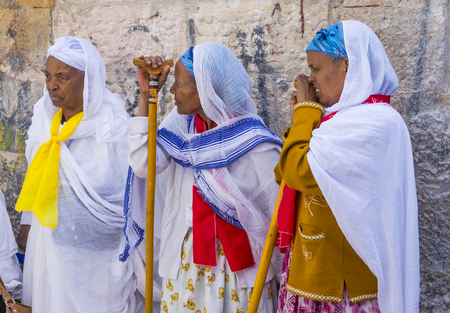 JERUSALEM - APRIL 15 : Ethiopian Orthodox worshipers waiting for the Holy fire ceremony to begin at the Ethiopian section of the Holy Sepulcher in Jerusalm Israel on April 15 2017のeditorial素材