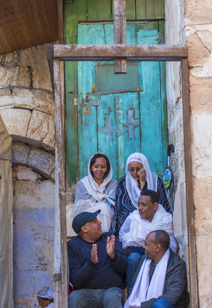JERUSALEM - APRIL 15 : Ethiopian Orthodox worshipers waiting for the Holy fire ceremony to begin at the Ethiopian section of the Holy Sepulcher in Jerusalm Israel on April 15 2017のeditorial素材