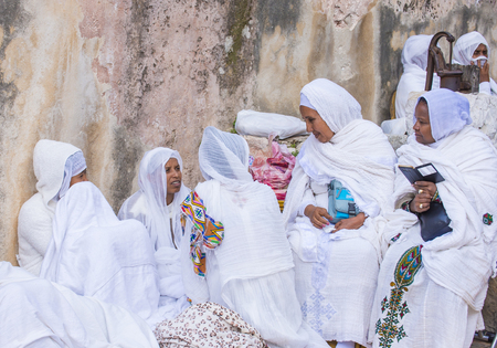 JERUSALEM - APRIL 15 : Ethiopian Orthodox worshipers waiting for the Holy fire ceremony to begin at the Ethiopian section of the Holy Sepulcher in Jerusalm Israel on April 15 2017のeditorial素材
