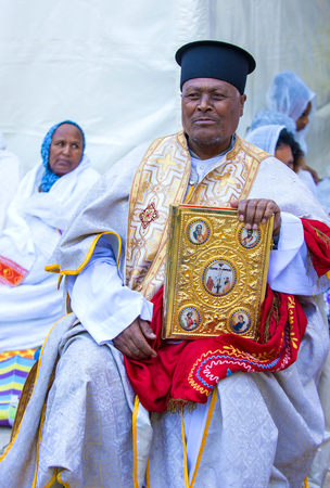 JERUSALEM - APRIL 15 : Ethiopian Orthodox worshiper waiting for the Holy fire ceremony to begin at the Ethiopian section of the Holy Sepulcher in Jerusalm Israel on April 15 2017のeditorial素材