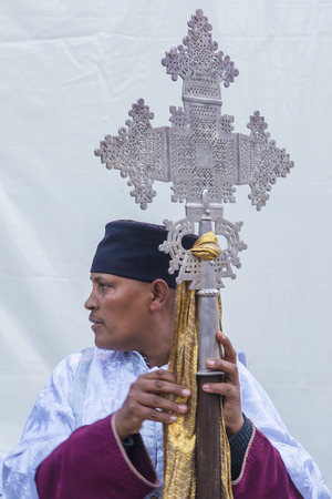 JERUSALEM - APRIL 15 : Ethiopian Orthodox worshiper waiting for the Holy fire ceremony to begin at the Ethiopian section of the Holy Sepulcher in Jerusalm Israel on April 15 2017のeditorial素材