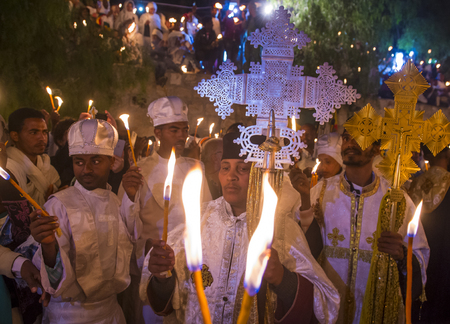JERUSALEM - APRIL 15 : Ethiopian Orthodox pilgrims participates in the Holy fire ceremony at the...