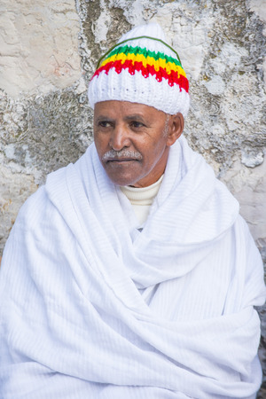 JERUSALEM - APRIL 15 : Ethiopian Orthodox worshiper waiting for the Holy fire ceremony to begin at the Ethiopian section of the Holy Sepulcher in Jerusalm Israel on April 15 2017のeditorial素材