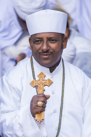 JERUSALEM - APRIL 15 : Ethiopian Orthodox worshiper waiting for the Holy fire ceremony to begin at the Ethiopian section of the Holy Sepulcher in Jerusalm Israel on April 15 2017のeditorial素材