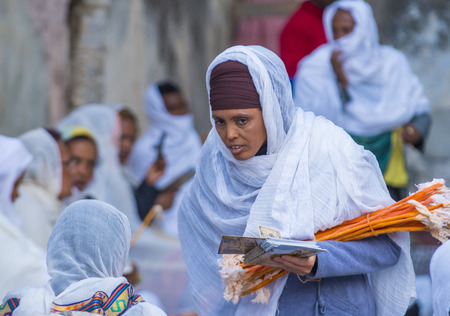 JERUSALEM - APRIL 15 : Ethiopian Orthodox worshipers waiting for the Holy fire ceremony to begin at the Ethiopian section of the Holy Sepulcher in Jerusalm Israel on April 15 2017のeditorial素材