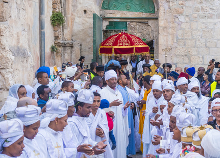 JERUSALEM - APRIL 15 : Ethiopian Orthodox pilgrims participates in the Holy fire ceremony at the Ethiopian section of the Holy Sepulcher in Jerusalm Israel on April 15 2017のeditorial素材