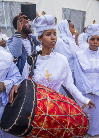 JERUSALEM - APRIL 15 : Ethiopian Orthodox pilgrims participates in the Holy fire ceremony at the Ethiopian section of the Holy Sepulcher in Jerusalm Israel on April 15 2017のeditorial素材