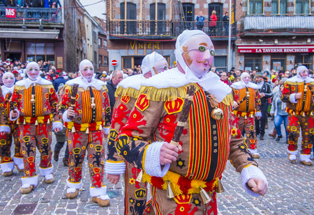 BINCHE , BELGIUM - FEB 28 : Participants in the Binche Carnival in Binche, Belgium on February 28 2017. The Binche carnival is included in a list of intangible heritage by UNESCO.のeditorial素材