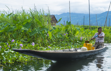 INLE LAKE , MYANMAR - SEP 07 : Intha woman on her boat in Inle lake Myanmar on September 07 2017 , inle Lake is a freshwater lake located in Shan stateのeditorial素材