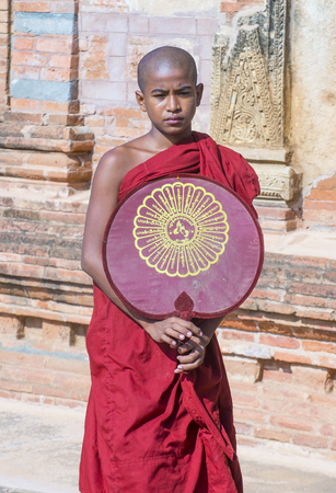 BAGAN , MYANMAR - SEP 05 2017: Novice monk in bagan Myanmar on September 05 2017 , The ruins of Bagan has 2,200 temples and pagodasのeditorial素材