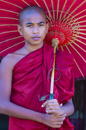 BAGAN , MYANMAR - SEP 05 2017: Novice monk in bagan Myanmar on September 05 2017 , The ruins of Bagan has 2,200 temples and pagodasのeditorial素材